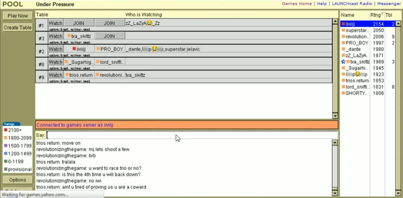 Screenshot of the original Yahoo Games lobby from a Yahoo Pool video: olive table directory with Watch and Join buttons, ratings legend, chat log, and player roster